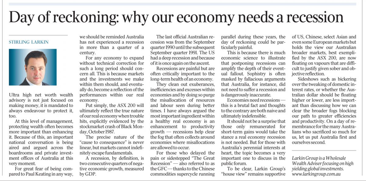 australian standfirst discusses why economies need recessions in 2015 in the australian newspaper