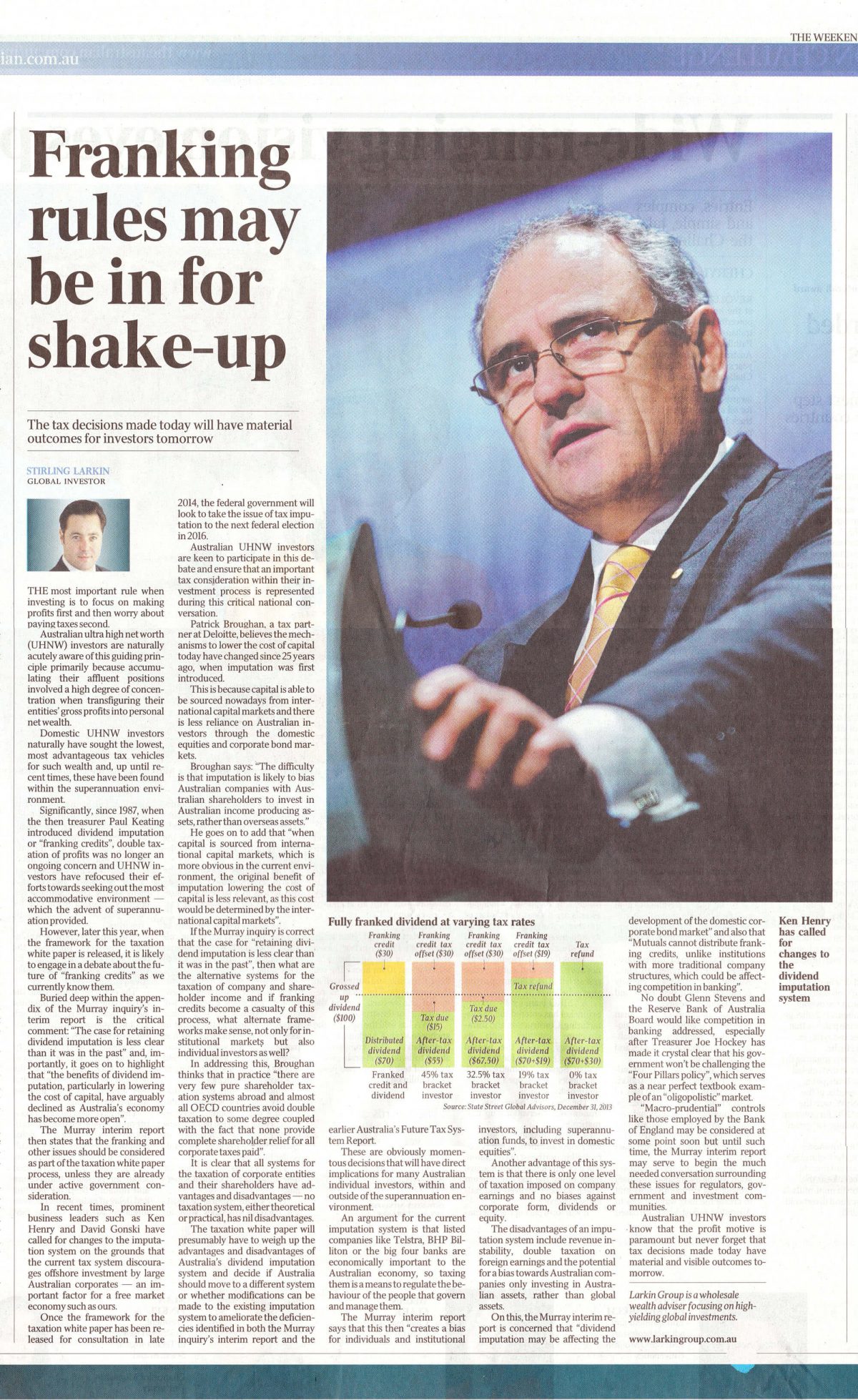 australian standfirst discusses franking changes in 2014 in the australian newspaper